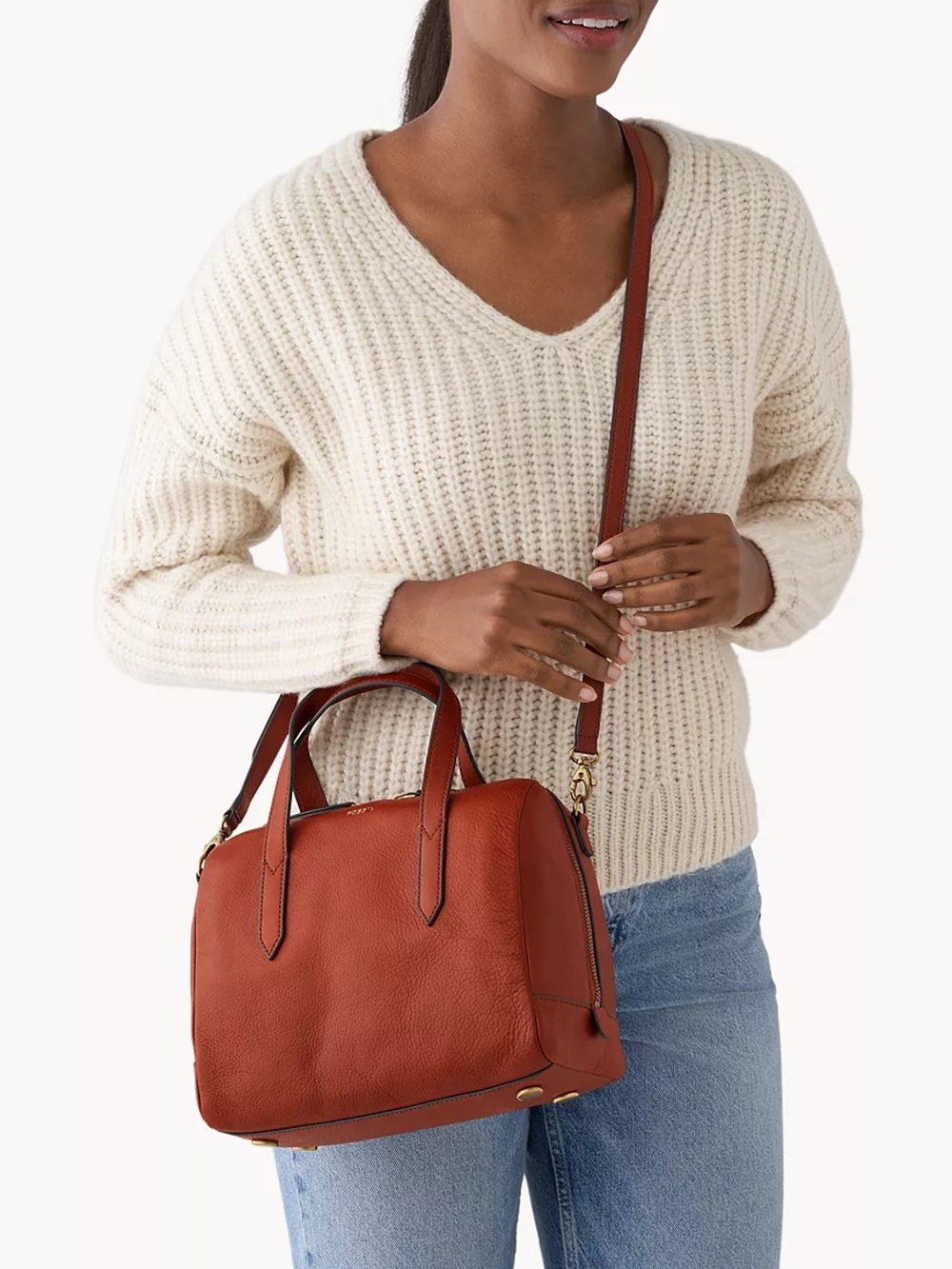 Fossil Sydney Leather Top-Handle Satchel medium brown Crossbody Two way Bag NWT - Picture 10 of 11